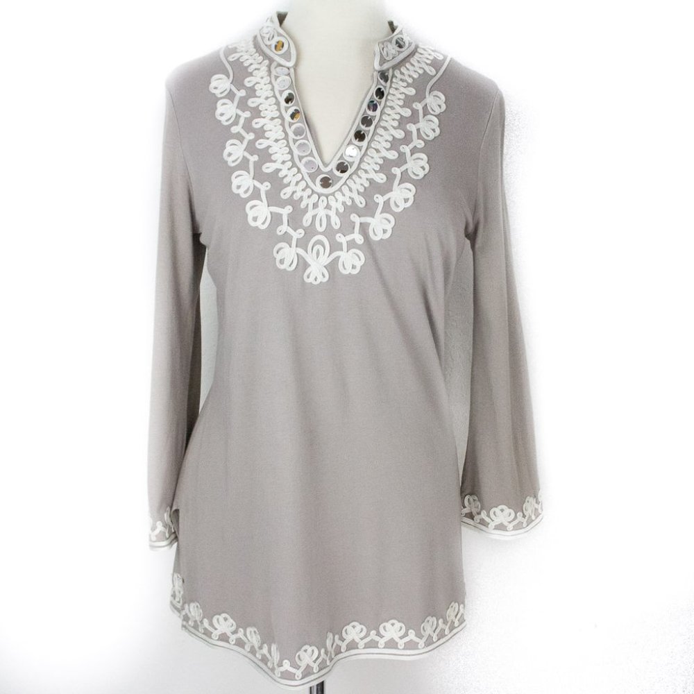 INC Tunic Top Long Sleeve Gray Knit Sequins